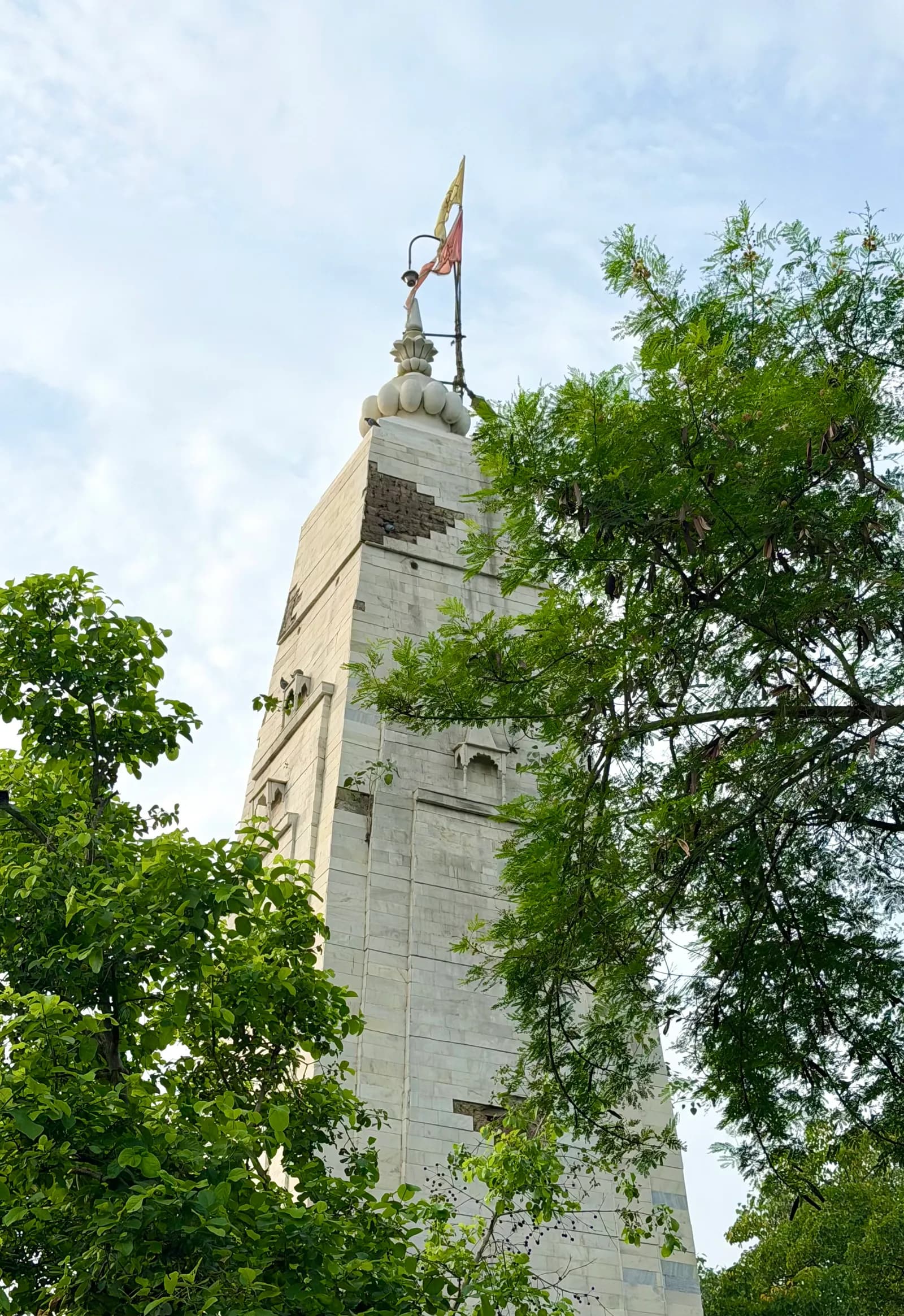 The shikhara of the Man-mandir above the trees on the shore of Man-sarovara