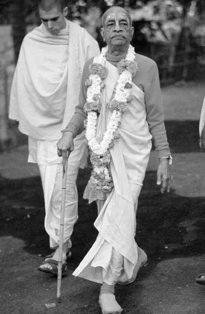 Srila Prabhupada in a garland of tuberoses and marigolds